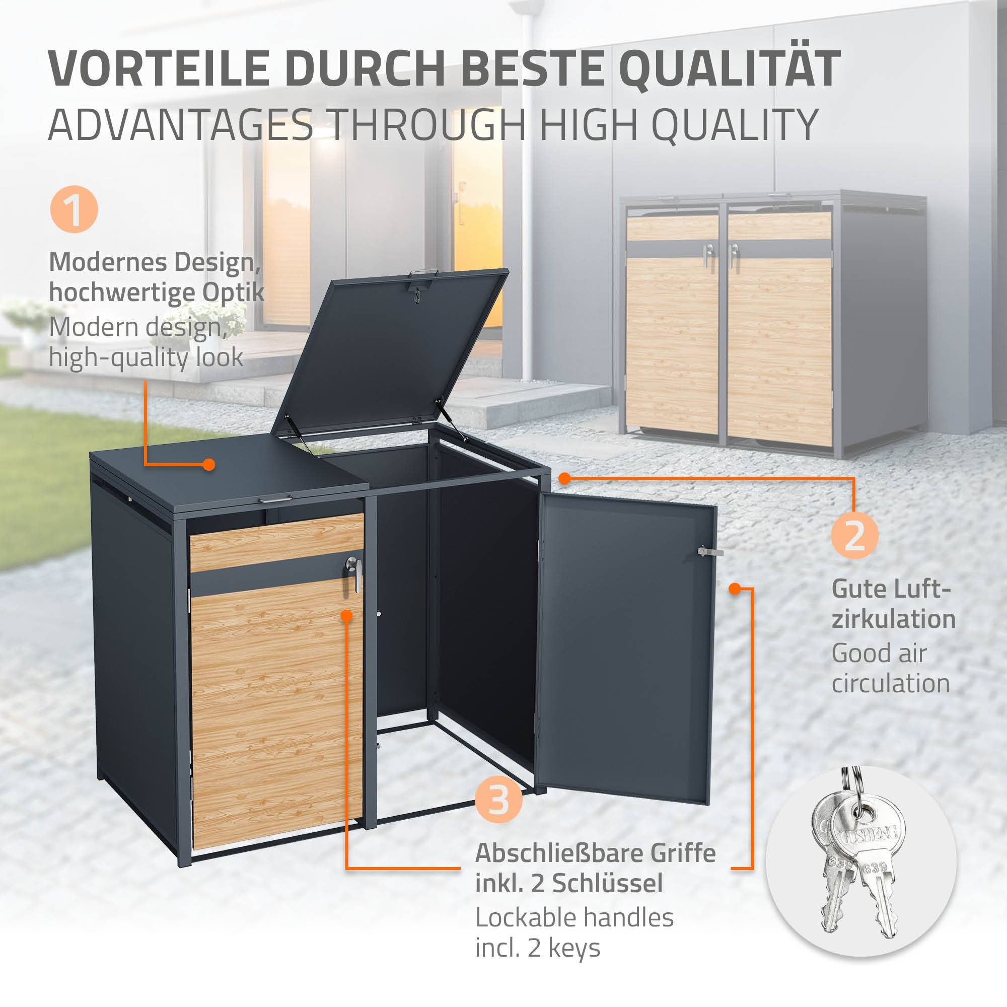Abri pour 3 poubelles 200x80x116,3 cm capacité de 60L à 240L anthracite/aspect mélèze acier couvercle rabattable/3 portes résistant aux intempéries - Image 3