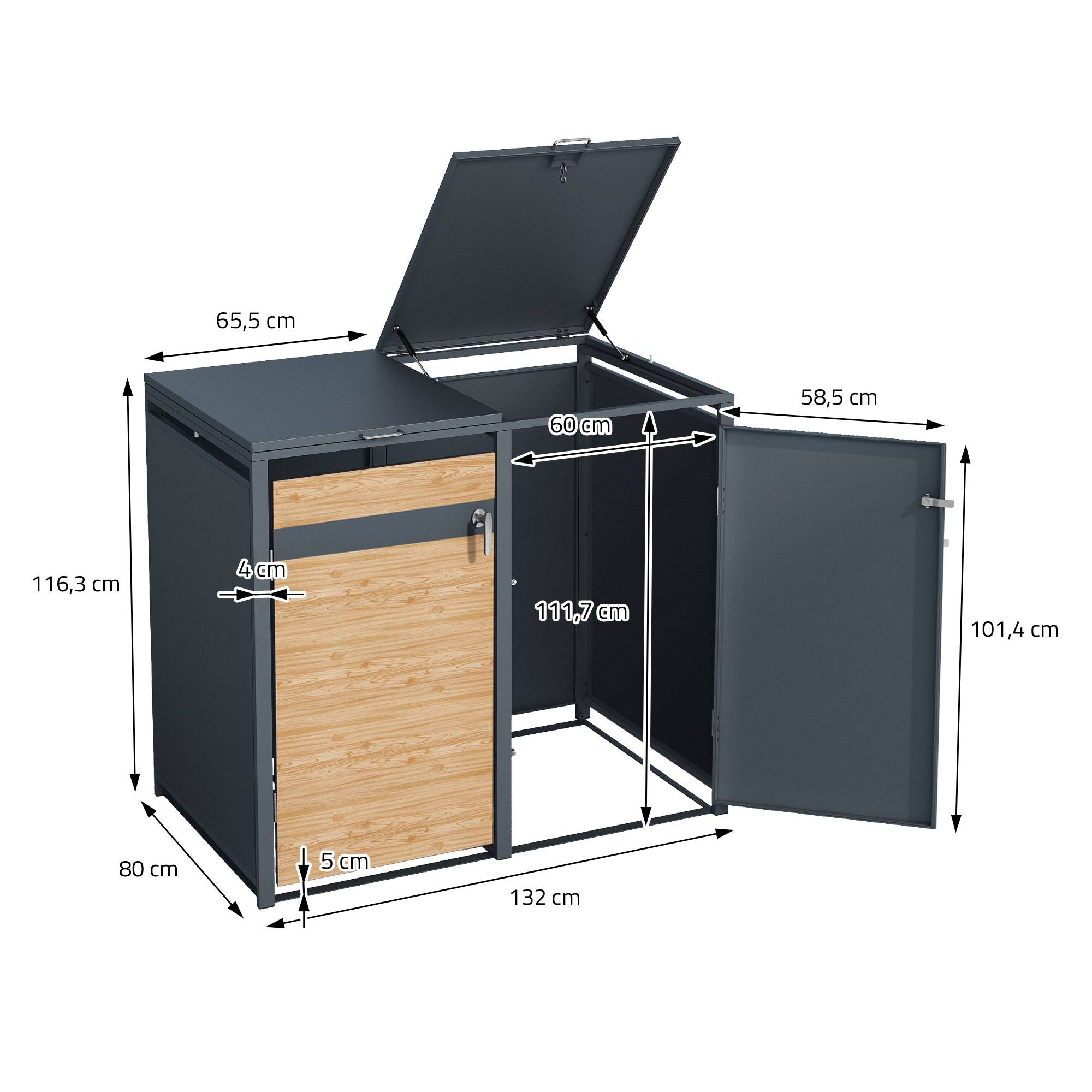 Abri pour 3 poubelles 200x80x116,3 cm capacité de 60L à 240L anthracite/aspect mélèze acier couvercle rabattable/3 portes résistant aux intempéries - Image 8