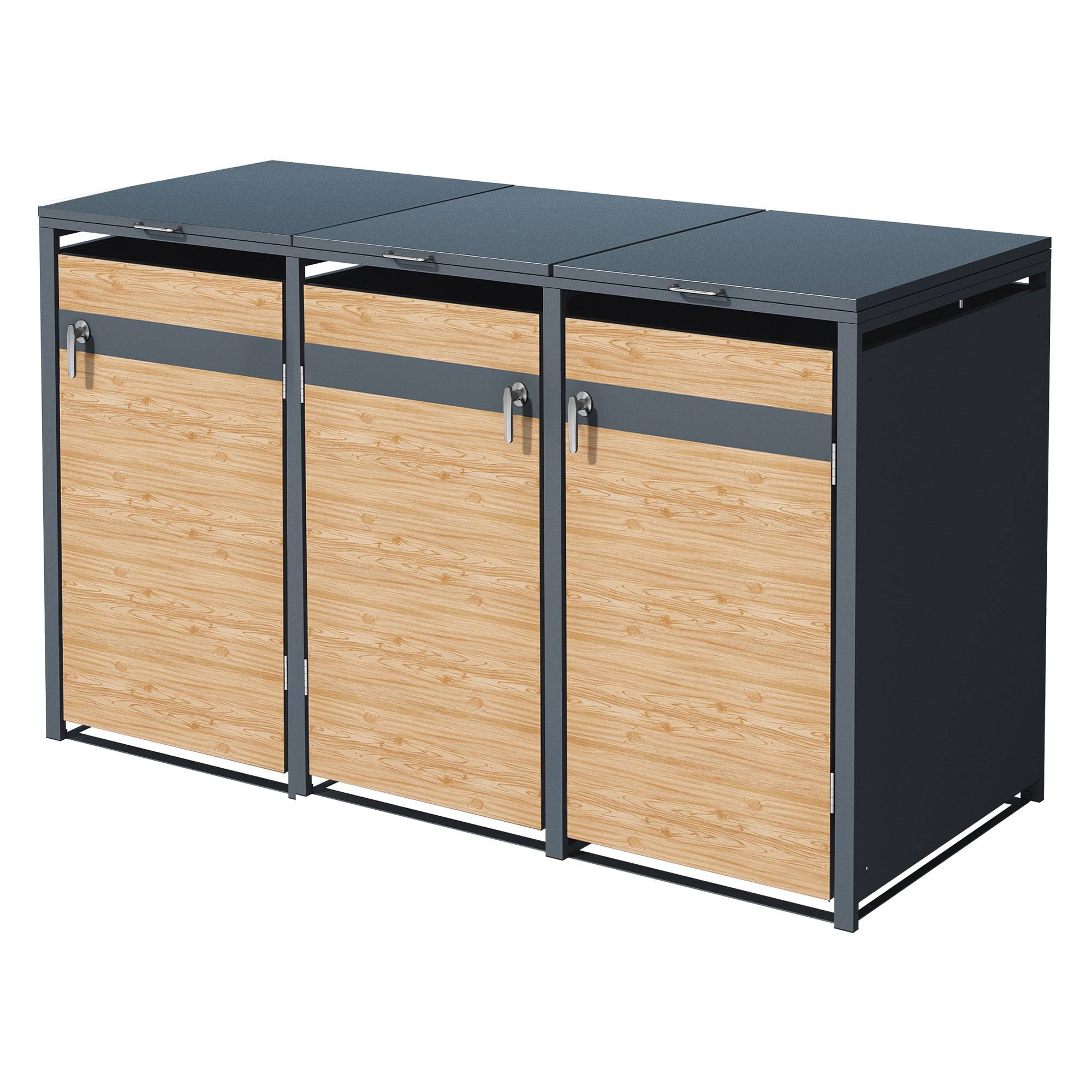 Abri pour 3 poubelles 200x80x116,3 cm capacité de 60L à 240L anthracite/aspect mélèze acier couvercle rabattable/3 portes résistant aux intempéries - Image 1