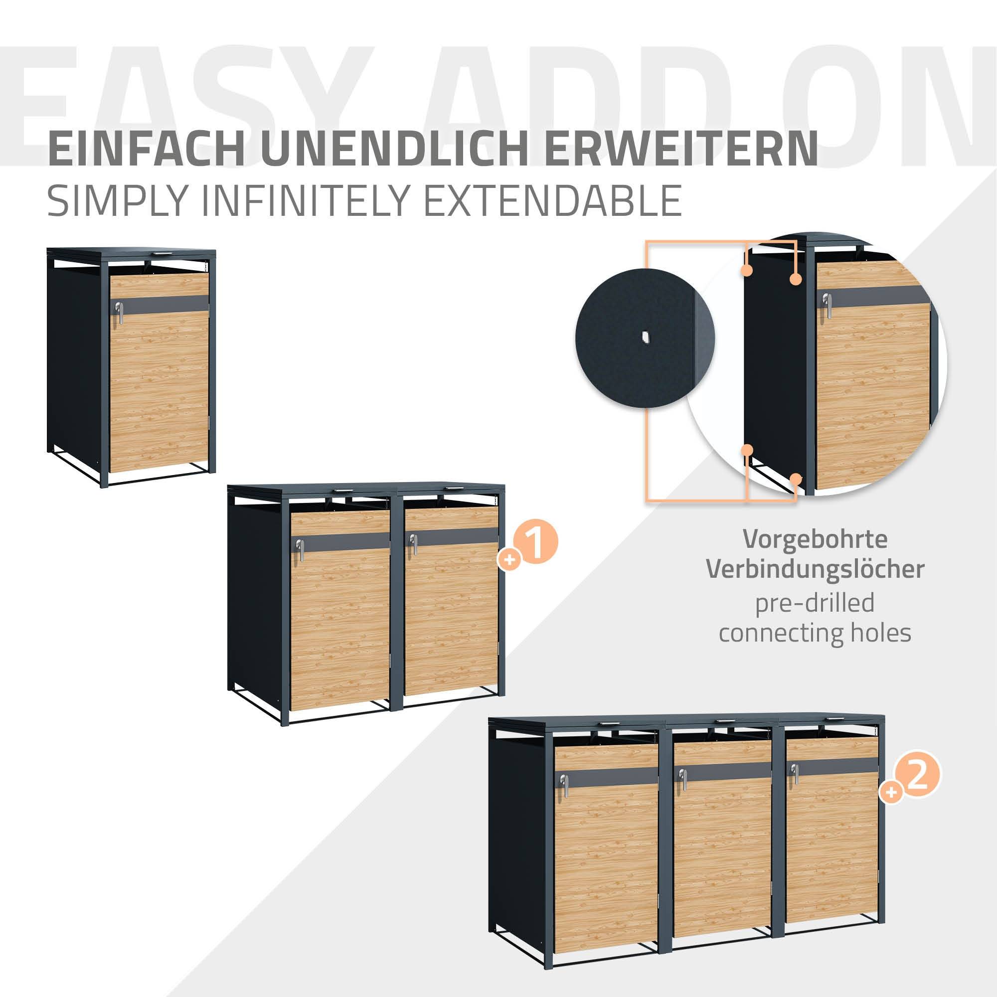 Abri pour 3 poubelles 200x80x116,3 cm capacité de 60L à 240L anthracite/aspect mélèze acier couvercle rabattable/3 portes résistant aux intempéries - Image 6