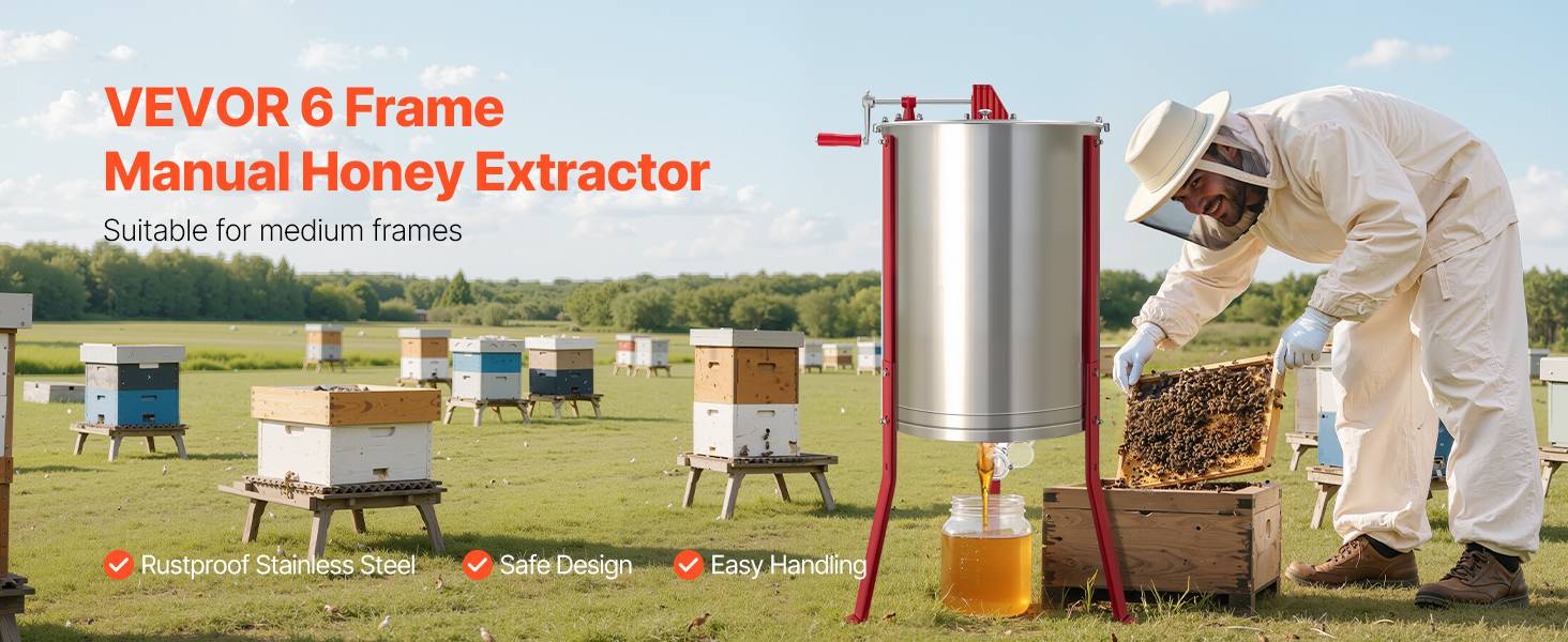 Vevor - VEVOR Extracteur de miel manuel 6 cadres, acier inox 201, couvercle transparent, support réglable 30–40 cm, pour cadres moyens et peu profonds. - Image 9