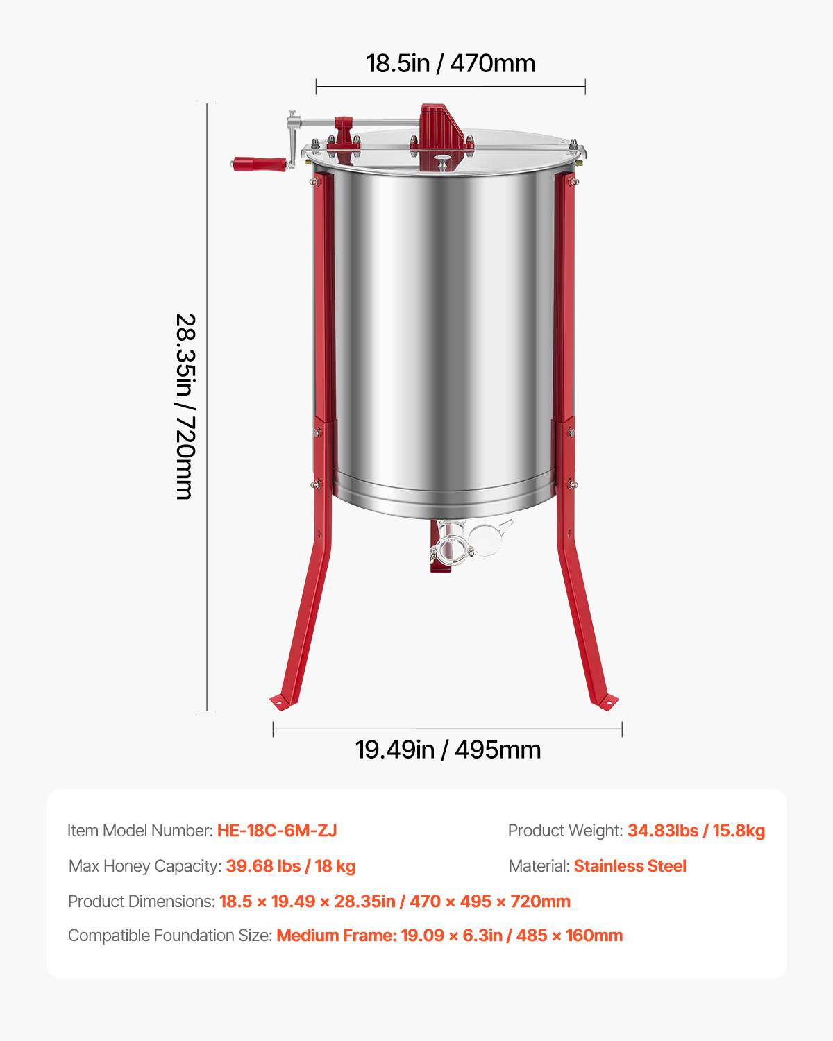 Vevor - VEVOR Extracteur de miel manuel 6 cadres, acier inox 201, couvercle transparent, support réglable 30–40 cm, pour cadres moyens et peu profonds. - Image 6