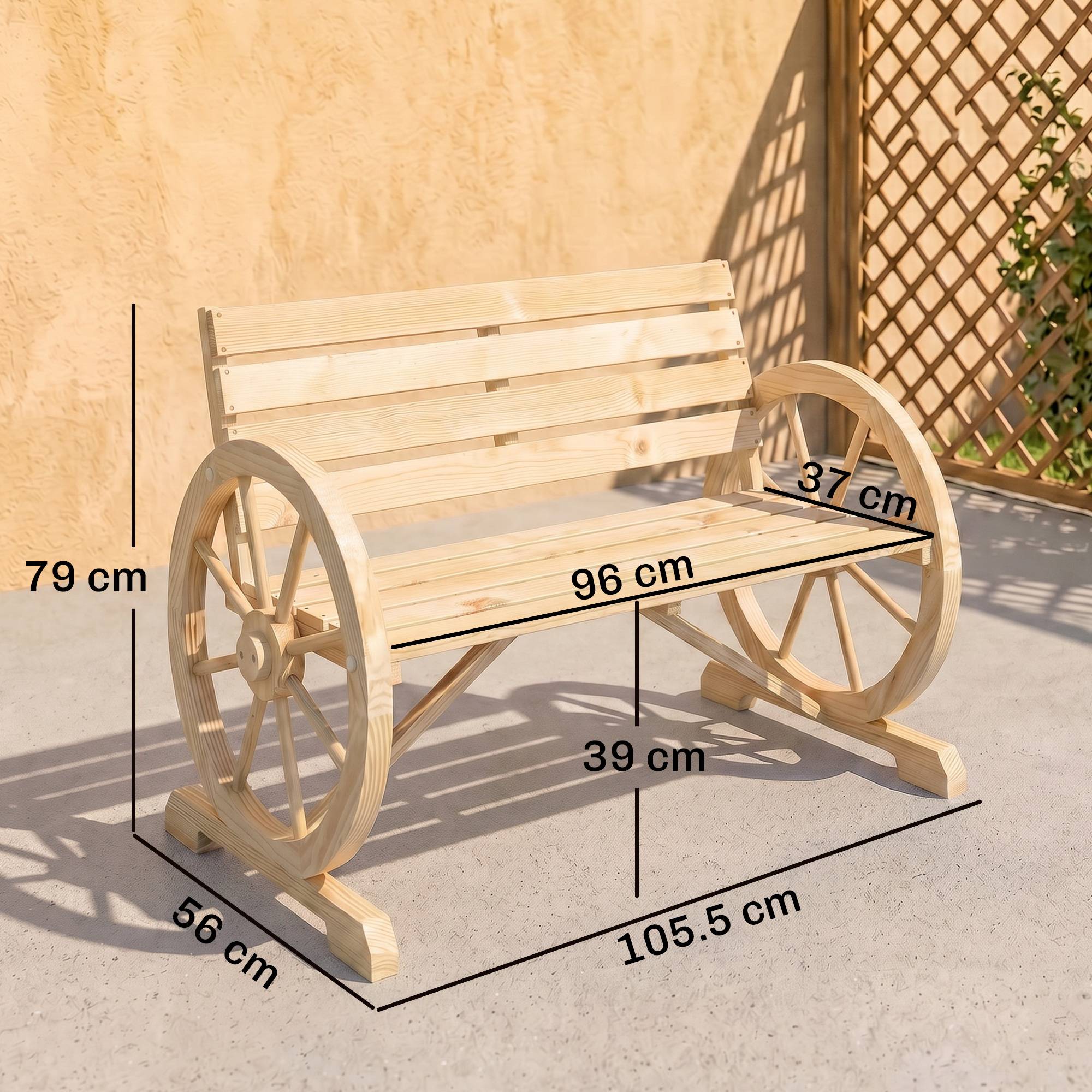 Sans Marque - Banc jardin 2 places lattes accoudoirs roue chariot bois 105,5x56x79 cm bois - Image 5
