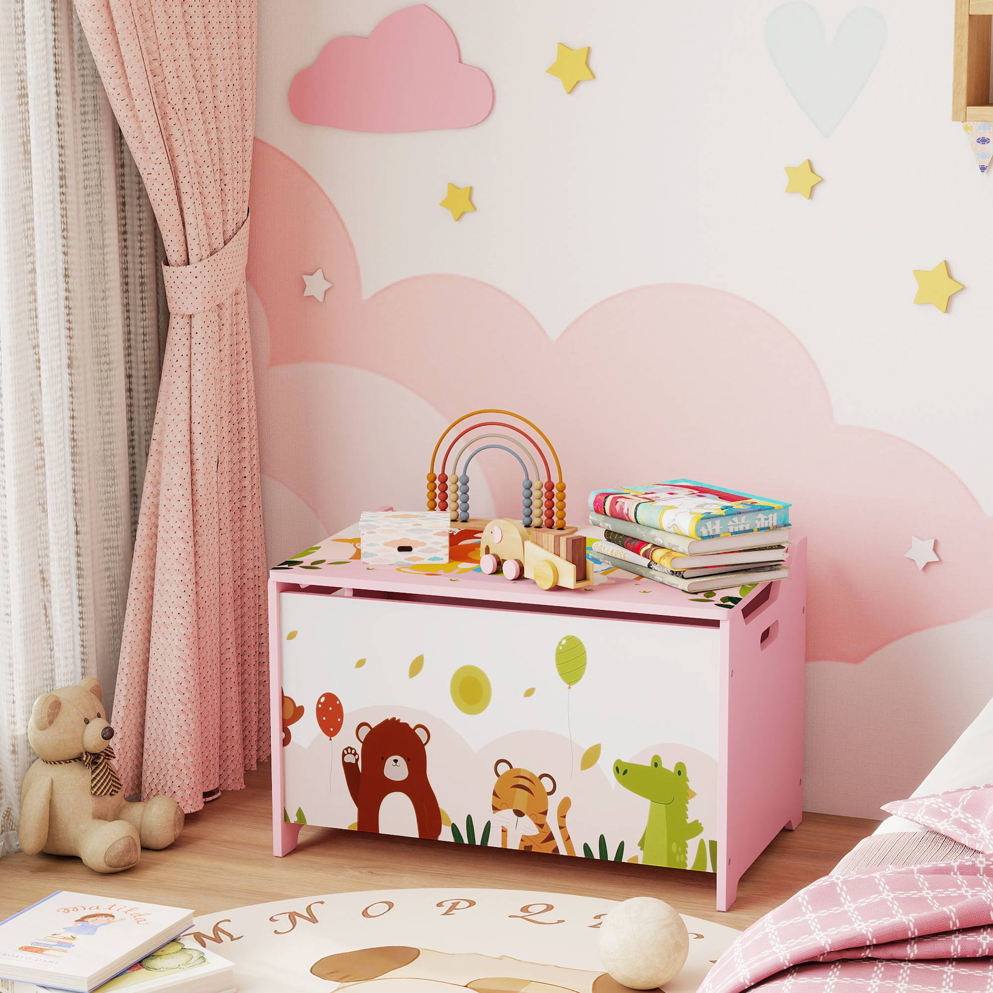 Coffre à jouets pour enfants, avec couvercle à charnières et poignées, motif animal, 60 x 37 x 39 cm, rose - Image 10