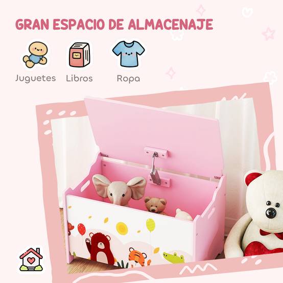 Coffre à jouets pour enfants, avec couvercle à charnières et poignées, motif animal, 60 x 37 x 39 cm, rose - Image 6