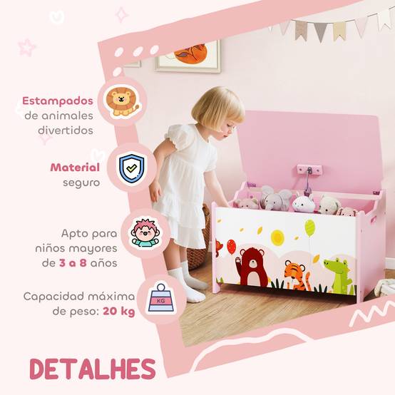 Coffre à jouets pour enfants, avec couvercle à charnières et poignées, motif animal, 60 x 37 x 39 cm, rose - Image 9
