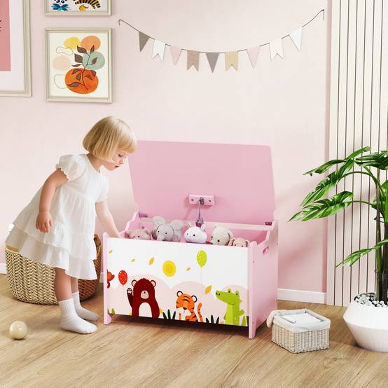 Coffre à jouets pour enfants, avec couvercle à charnières et poignées, motif animal, 60 x 37 x 39 cm, rose - Image 3