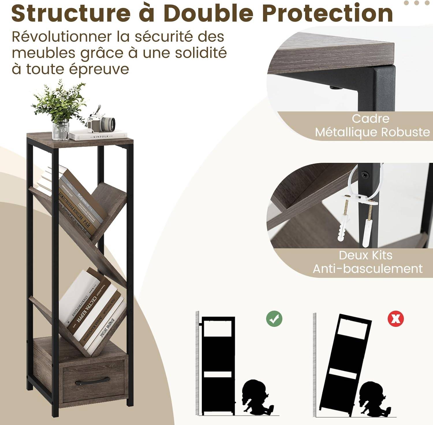 Étagère à Livres en Forme d’Arbre, Bibliothèque à 4 Niveaux avec Tiroir, Kits Anti-Basculement Cadre en Métal Etagère de Présentation en Bois - Image 8