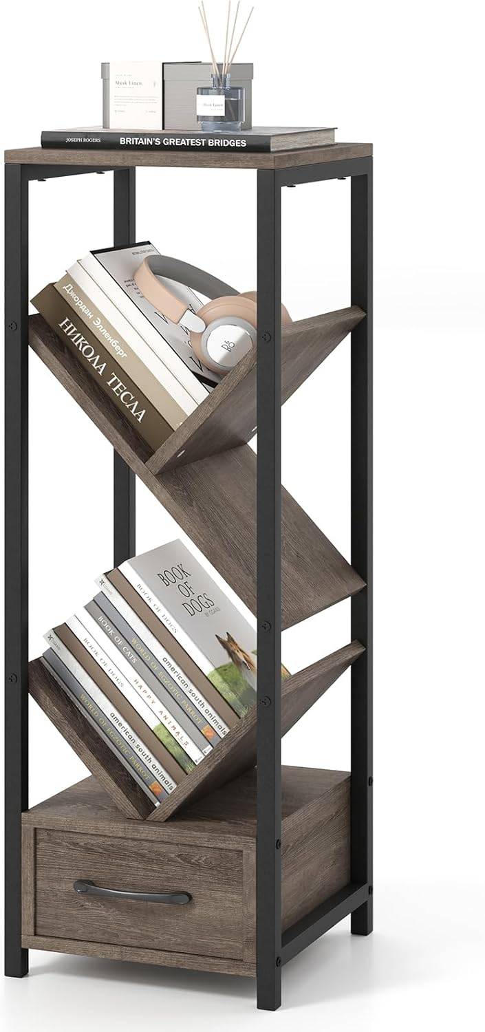 Étagère à Livres en Forme d’Arbre, Bibliothèque à 4 Niveaux avec Tiroir, Kits Anti-Basculement Cadre en Métal Etagère de Présentation en Bois - Image 1
