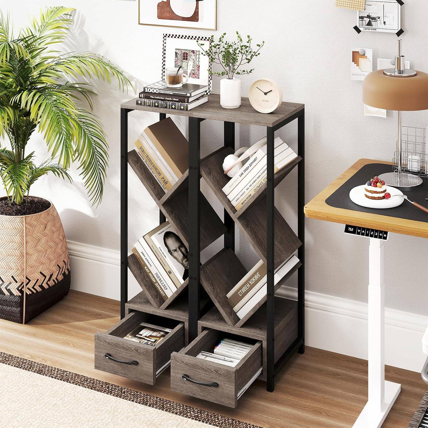 Étagère à Livres en Forme d’Arbre, Bibliothèque à 4 Niveaux avec Tiroir, Kits Anti-Basculement Cadre en Métal Etagère de Présentation en Bois - Image 5