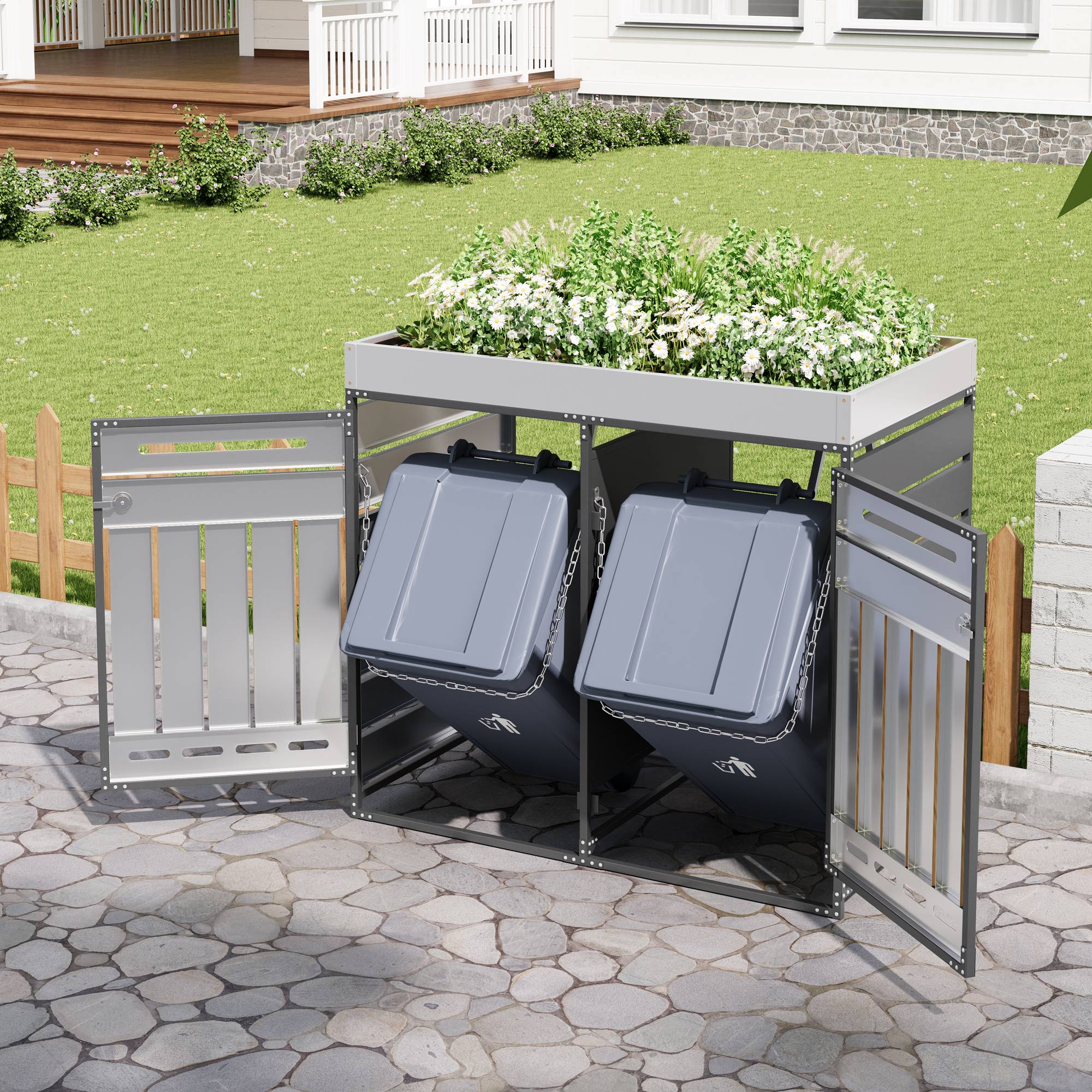 ComfortXL - Cache-poubelle double en métal pour jardin avec jardinière intégrée 131x120cm Noir - ComfortXL Outdoor Living - Image 4