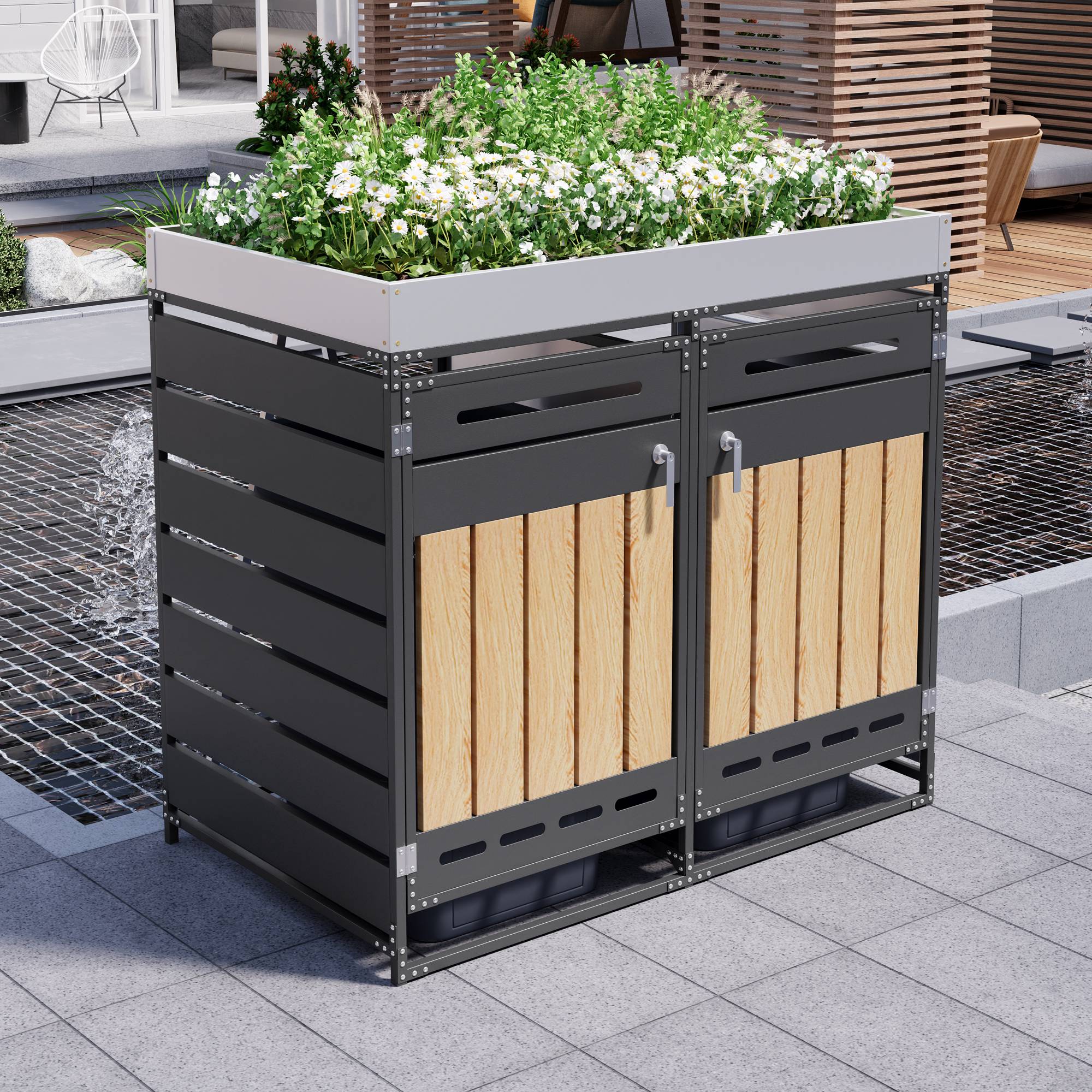 ComfortXL - Cache-poubelle double en métal pour jardin avec jardinière intégrée 131x120cm Noir - ComfortXL Outdoor Living - Image 1