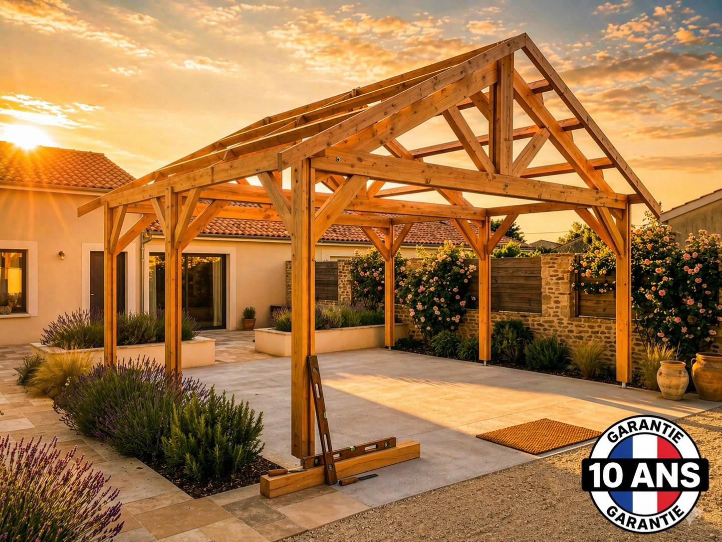 Cpbf Charpentes - Carport bois 2 pentes en bois douglas 21 m², 6 poteaux. Abri camping car ou van. garantie 10 ans