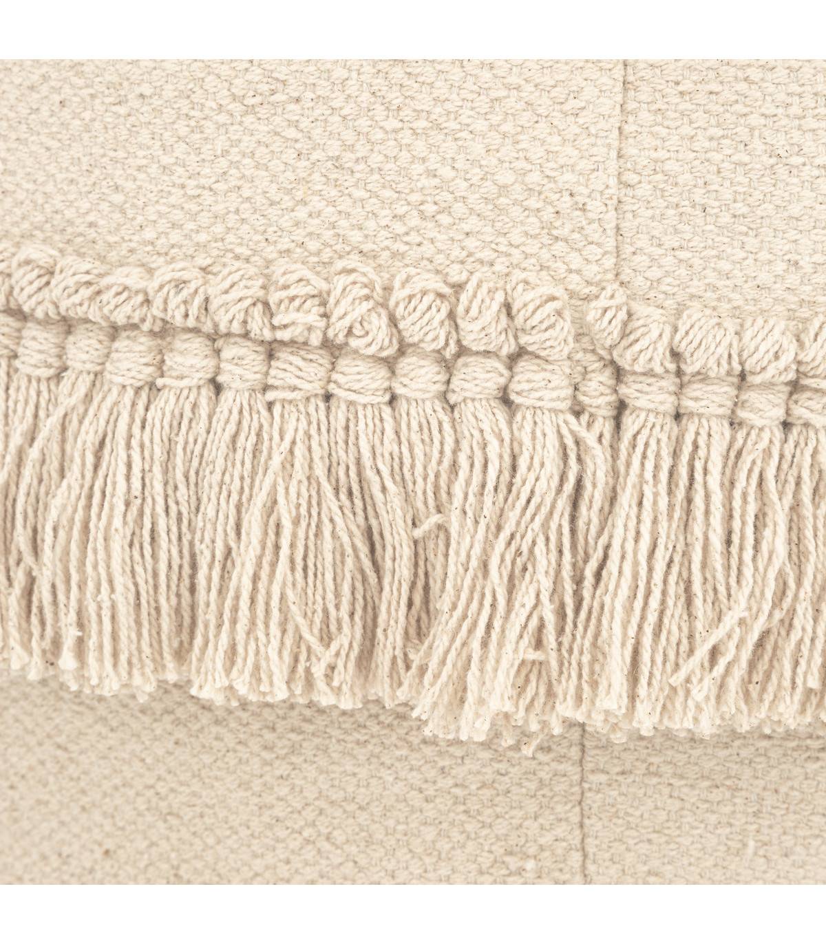 Pouf en Coton Beige avec motifs en relief et franges 65 x 45 cm - Image 2