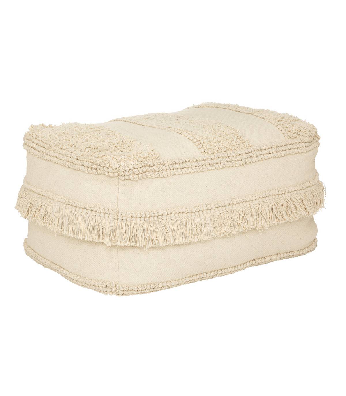 Pouf en Coton Beige avec motifs en relief et franges 65 x 45 cm - Image 1