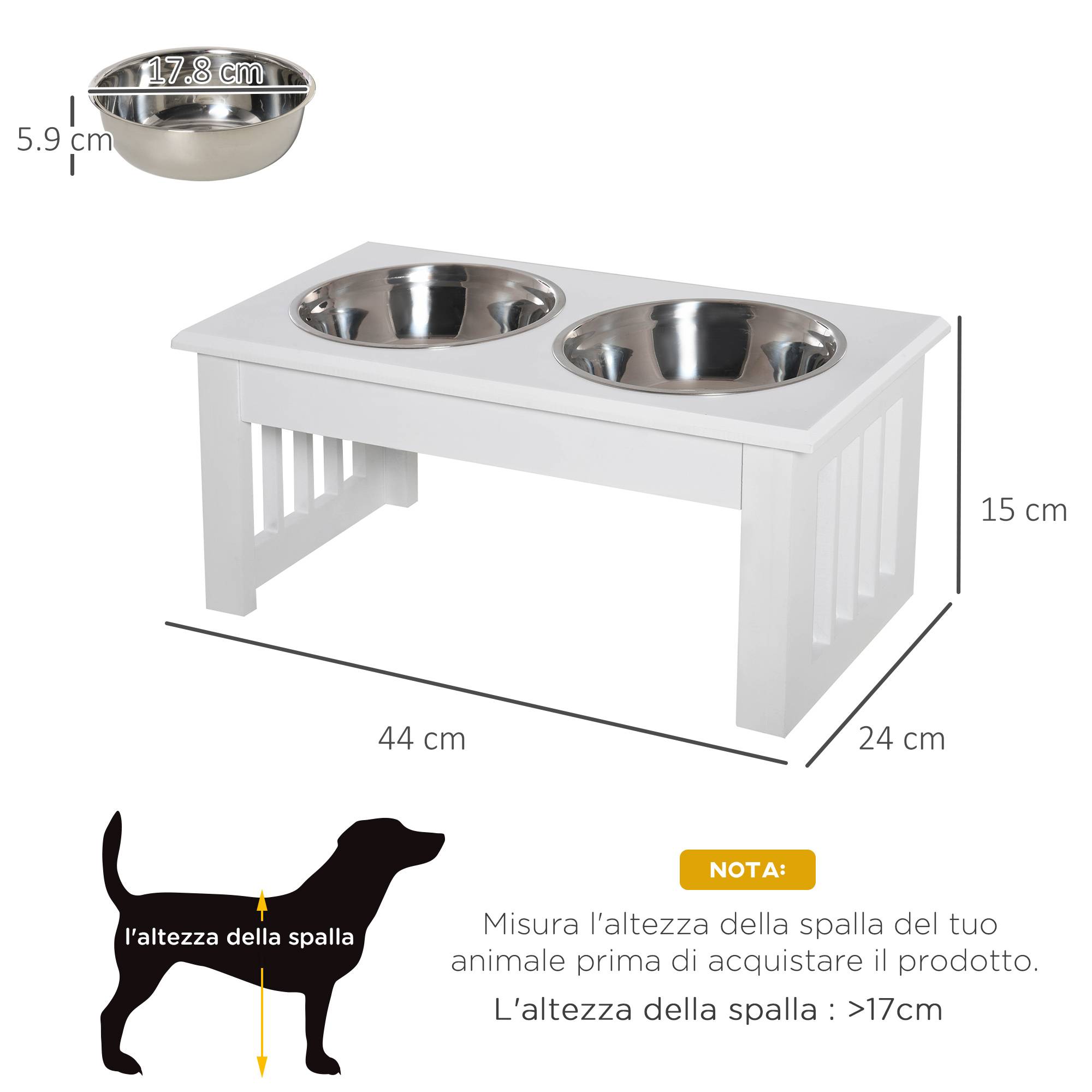 Gamelles surélevées pour chiens de petite et très petite taille, support en MDF avec 2 gamelles en acier inoxydable pour l'eau et la nourriture, blanc - Image 5