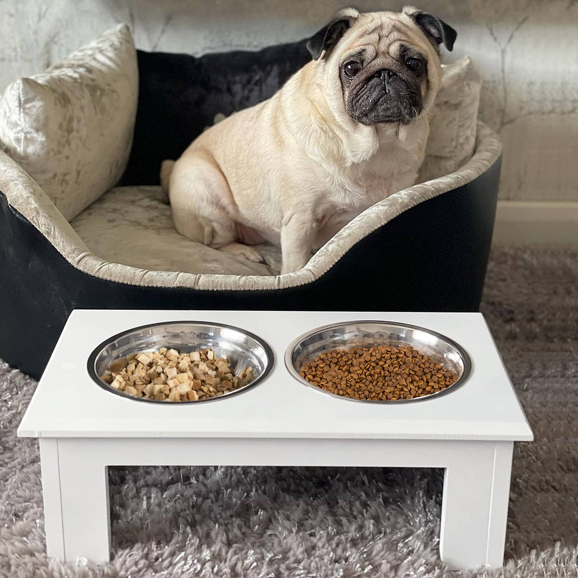 Gamelles surélevées pour chiens de petite et très petite taille, support en MDF avec 2 gamelles en acier inoxydable pour l'eau et la nourriture, blanc - Image 3