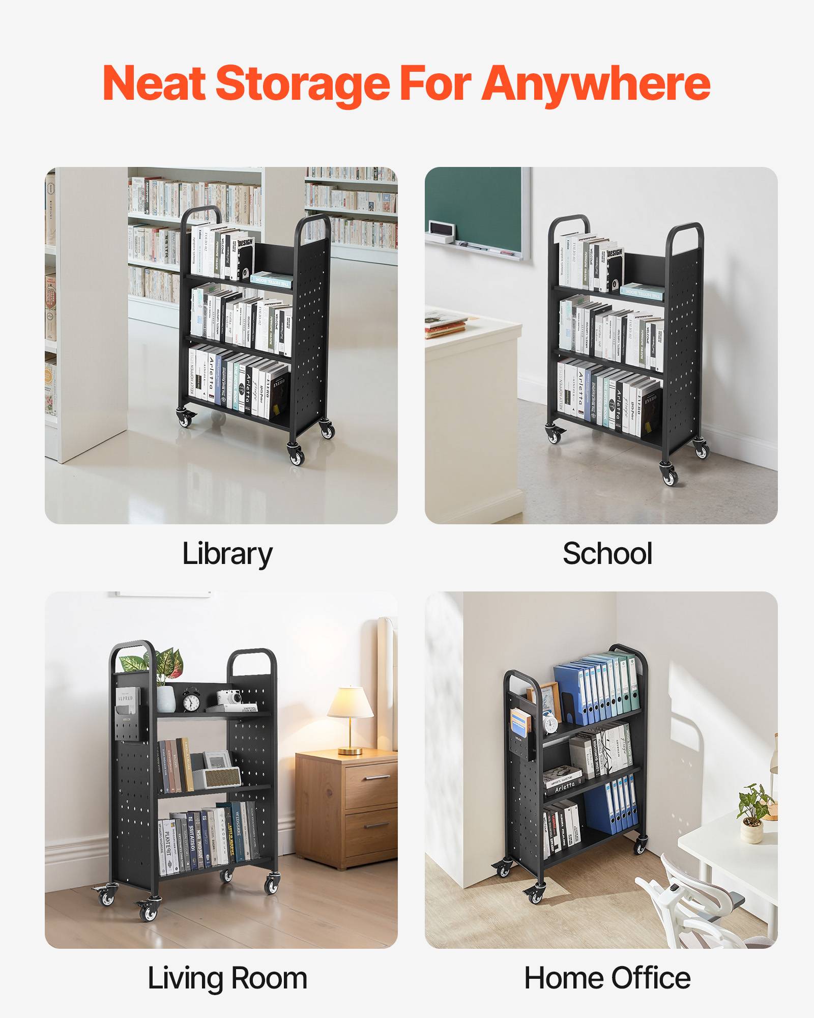 VEVOR Chariot à Livres Bibliothèque Étagère V Simple Face 150kg 77x38x122cm Noir - Image 6