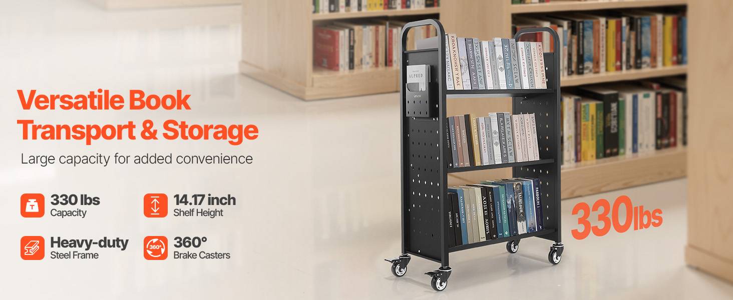 VEVOR Chariot à Livres Bibliothèque Étagère V Simple Face 150kg 77x38x122cm Noir - Image 9