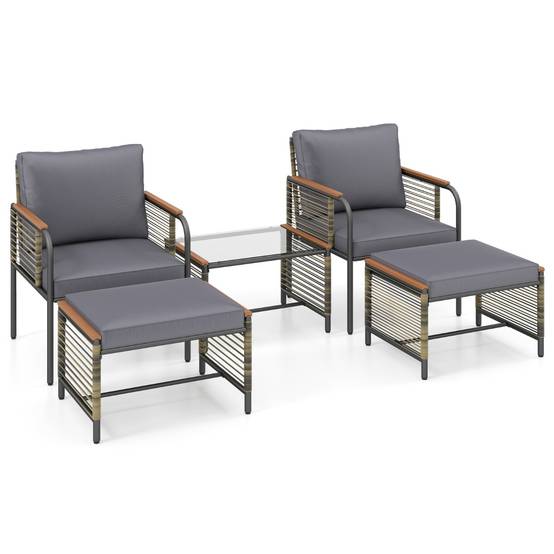 Ensemble de Mobilier de Jardin 5 Pièces Salon de Jardin en Rotin PE avec Coussins Table Basse en Verre Gris MAISON CHIC - Image 5