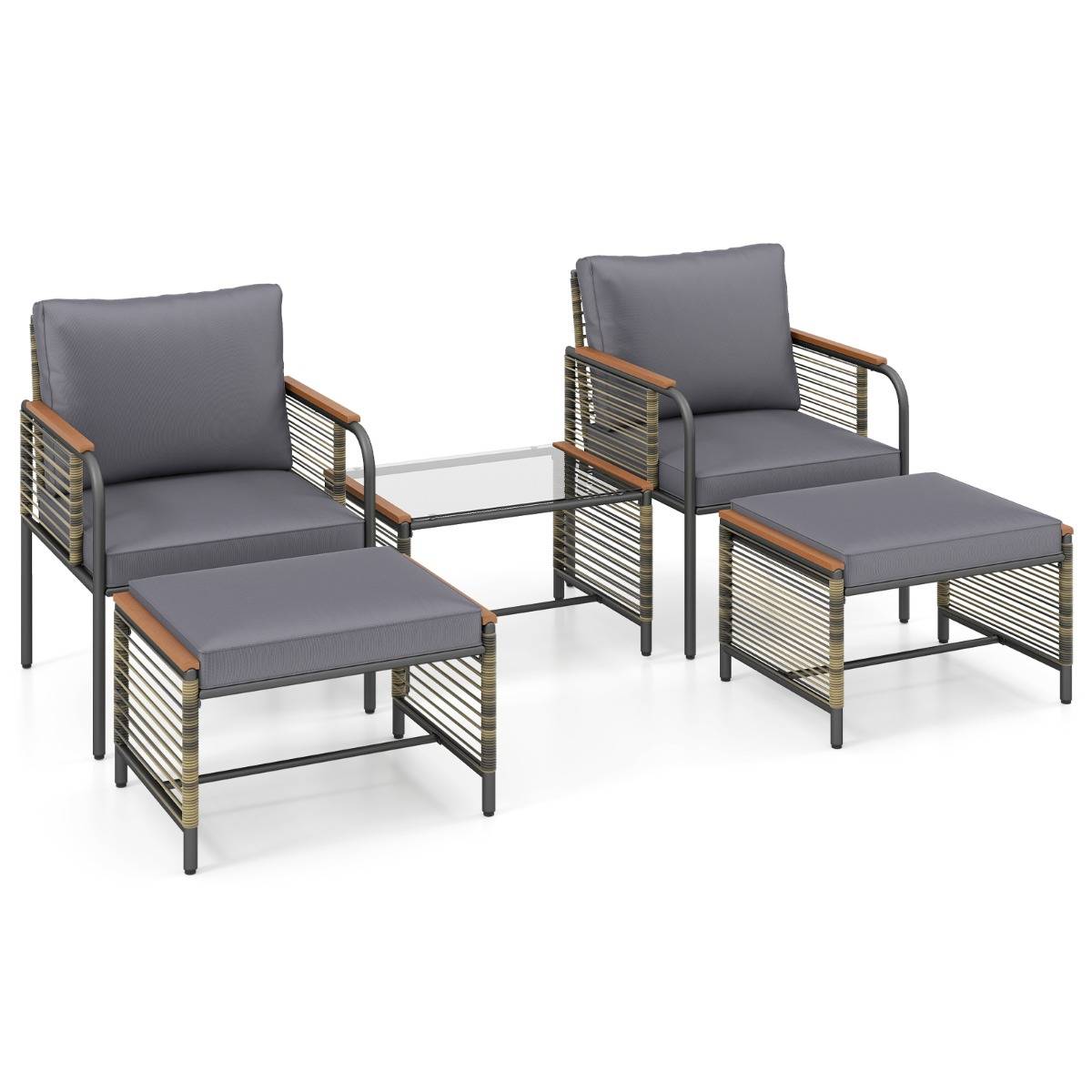 Ensemble de Mobilier de Jardin 5 Pièces Salon de Jardin en Rotin PE avec Coussins Table Basse en Verre Gris MAISON CHIC - Image 5