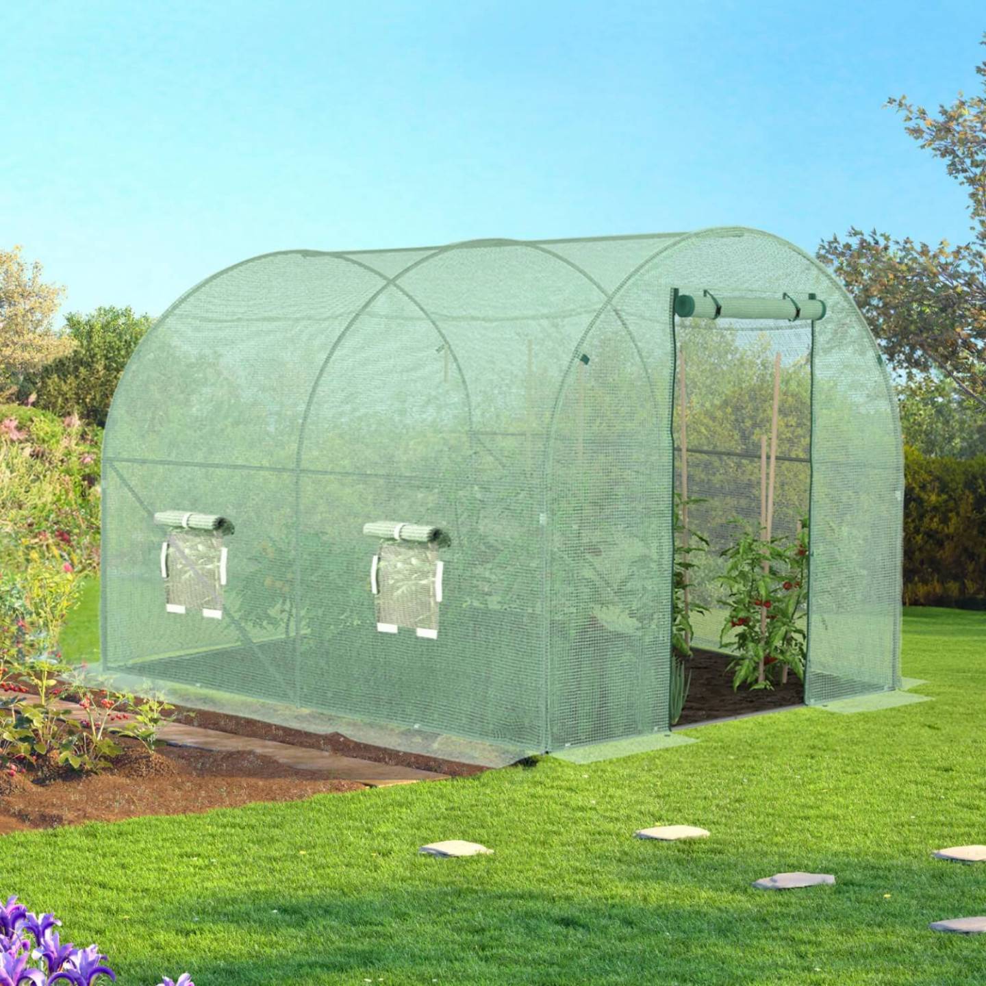 Bâche de rechange pour serre de jardin tunnel 6m² 3 x 2 x 2 m anti-UV avec porte et fenêtres ROMA verte - Image 1