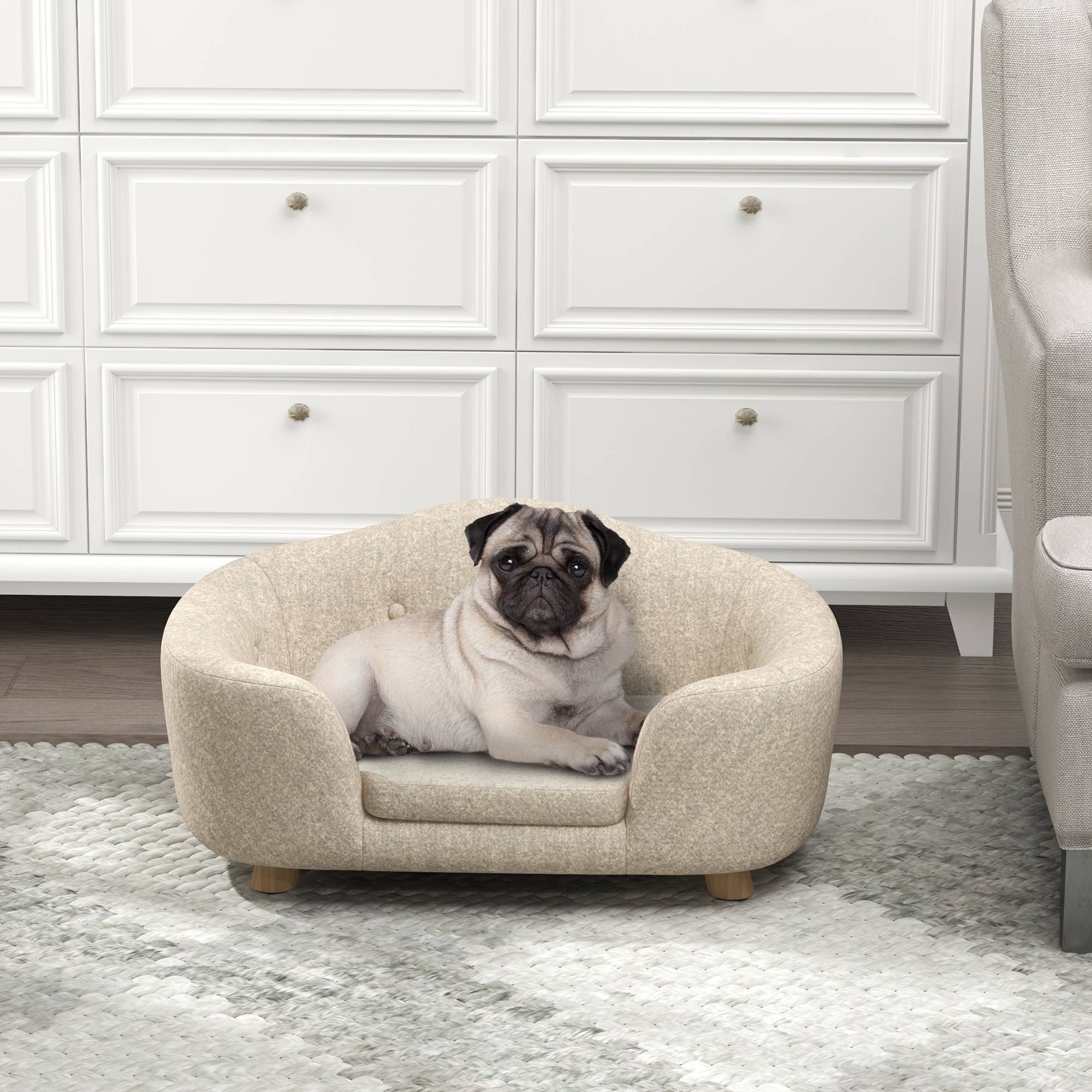 Sans Marque - Canapé animaux chien chat coussin poche arrière mousse bois pin blanc crème 70x47x30,Sans Marque - Image 4