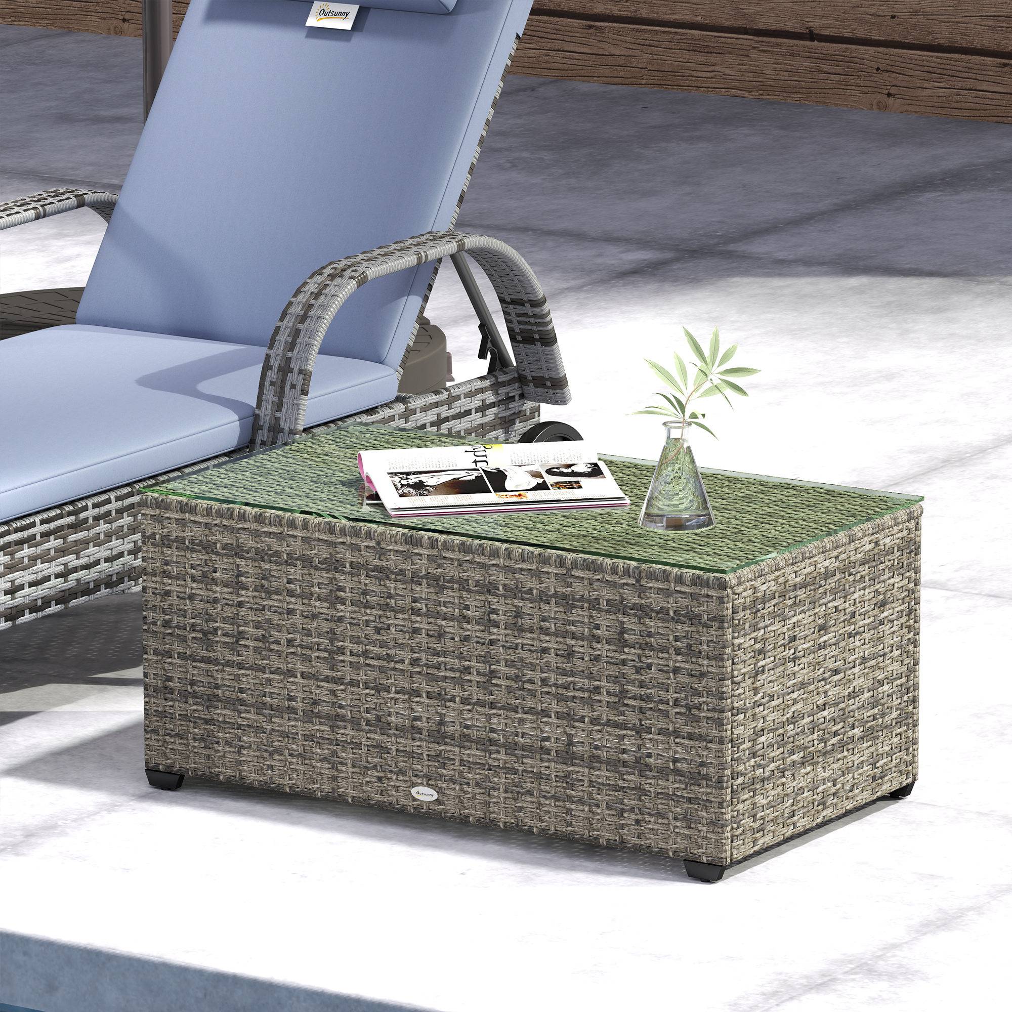 Table basse de jardin, table d'appoint en résine tressée avec plateau en verre trempé, 90 x 50 x 38 cm, gris foncé - Image 10