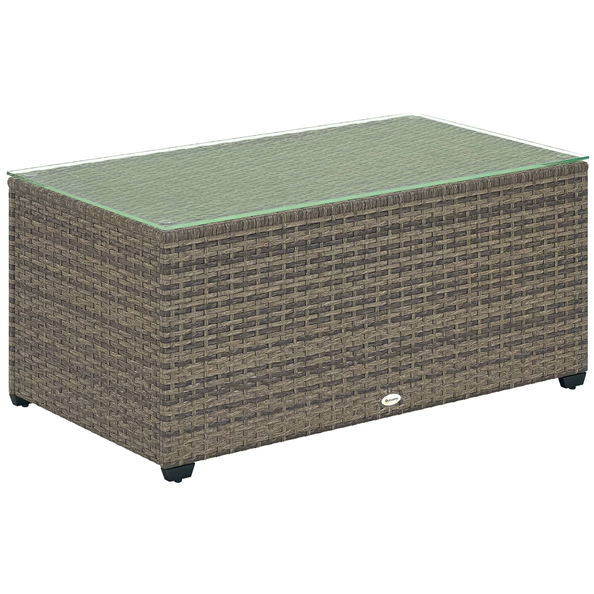 Table basse de jardin, table d'appoint en résine tressée avec plateau en verre trempé, 90 x 50 x 38 cm, gris foncé - Image 1