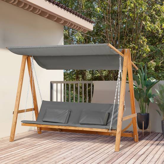 Balancelle jardin 3 places bois de pin extérieur convertible lit avec toit 225cm gris - ComfortXL Outdoor Living - Image 1