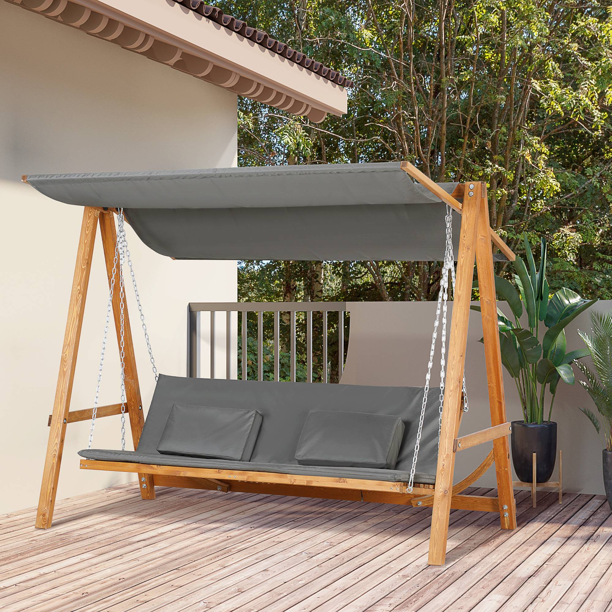 Balancelle jardin 3 places bois de pin extérieur convertible lit avec toit 225cm gris - ComfortXL Outdoor Living - Image 1