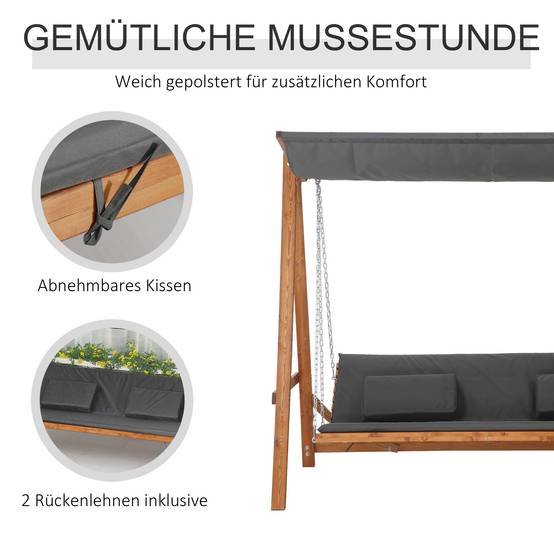 Balancelle jardin 3 places bois de pin extérieur convertible lit avec toit 225cm gris - ComfortXL Outdoor Living - Image 6
