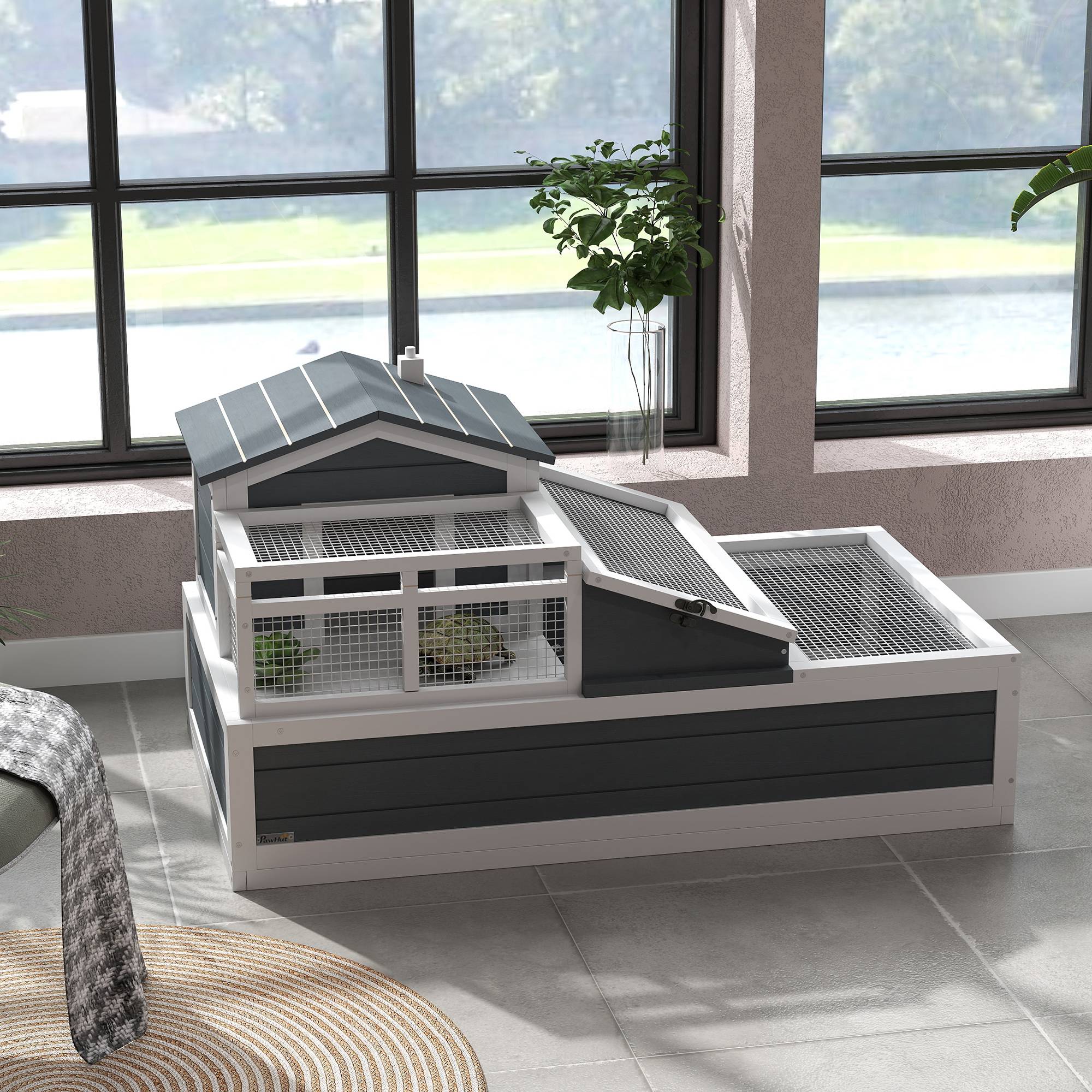 Terrarium pour tortues, 2 niveaux, intérieur et extérieur pour balcon, bois de sapin, gris - Image 4