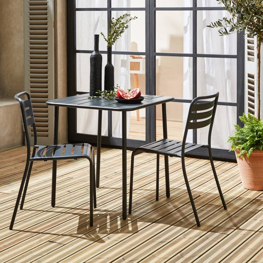 sweeek - Table de jardin métal + 2 assises anthracite Amélia. lattes et bords arrondis. traitement antirouille  | sweeek - Image 1
