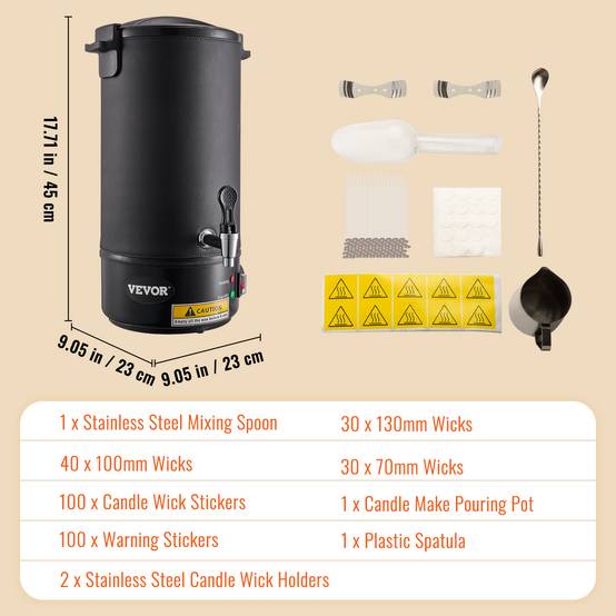 VEVOR Fondoir à Cire Electrique 10 L, 1100 W, Réglage 30-110°C, 100 Mèches et Autocollants. - Image 7