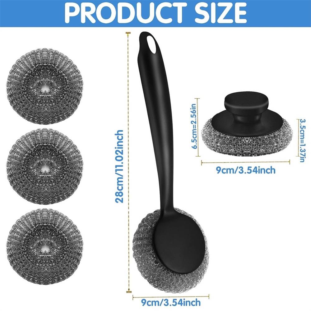 Lot 3 Brosses à Récurer Laine D'Acier Avec Poignée - Éponges Métalliques Cuisine Pour Poêles & Grill