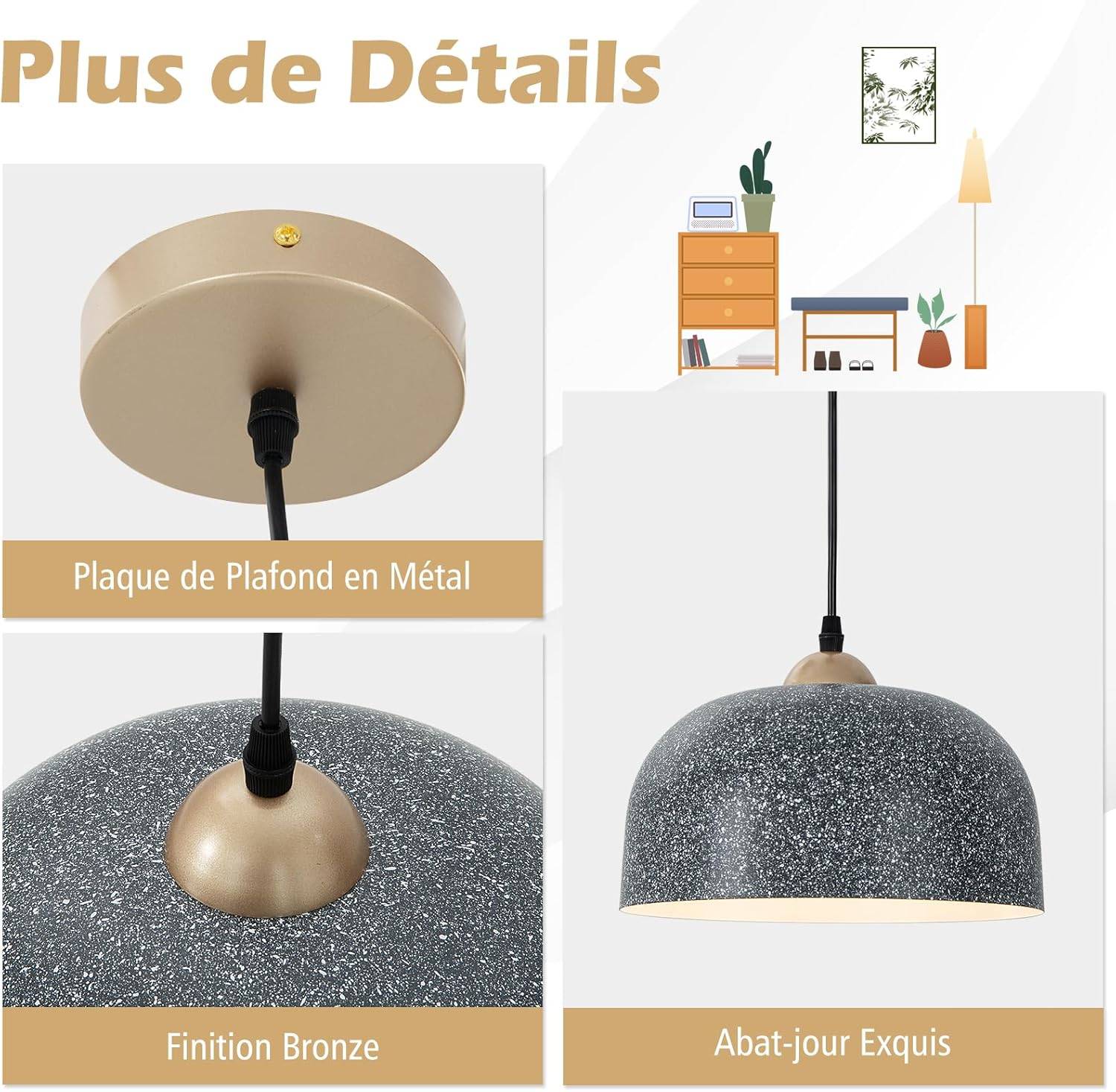 Lustre Suspension Moderne, Plafonnier Suspendu Avec Culot d'Ampoule E27,Couloir, Gris Foncé - Image 3