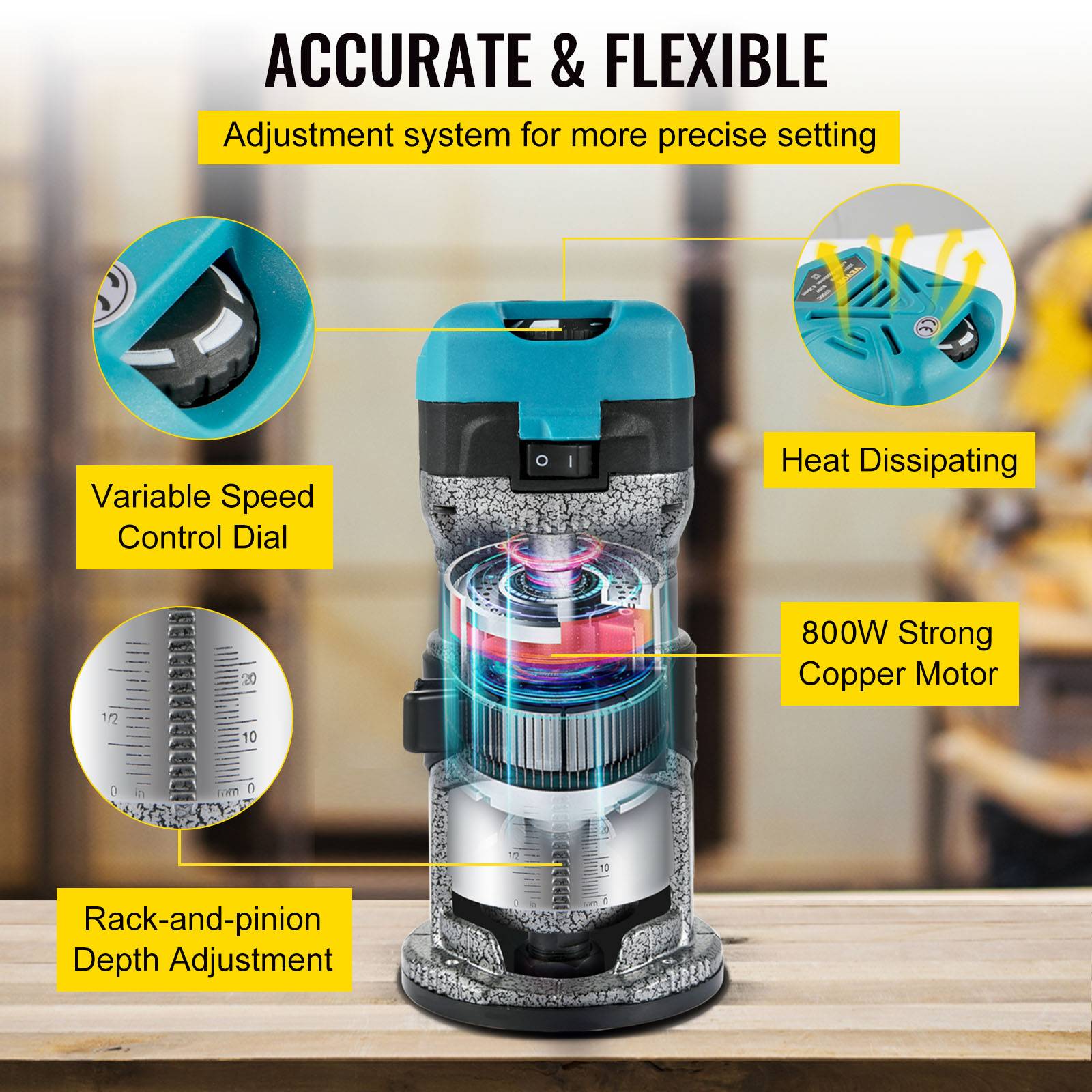 Vevor - VEVOR Défonceuse 800W, 10000-30000 tr/min, kit compact avec base fixe et mèches 6+8mm pour le bois. - Image 3