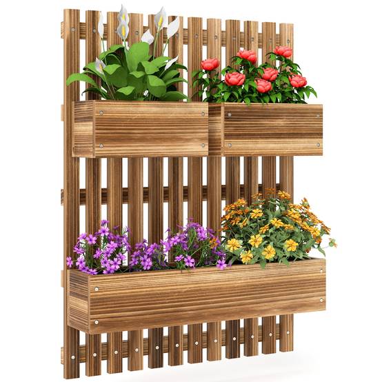 Jardinière murale treillis bois sapin balcon pots amovibles 60x16x80cm carbonisé - ComfortXL Outdoor Living - Image 1