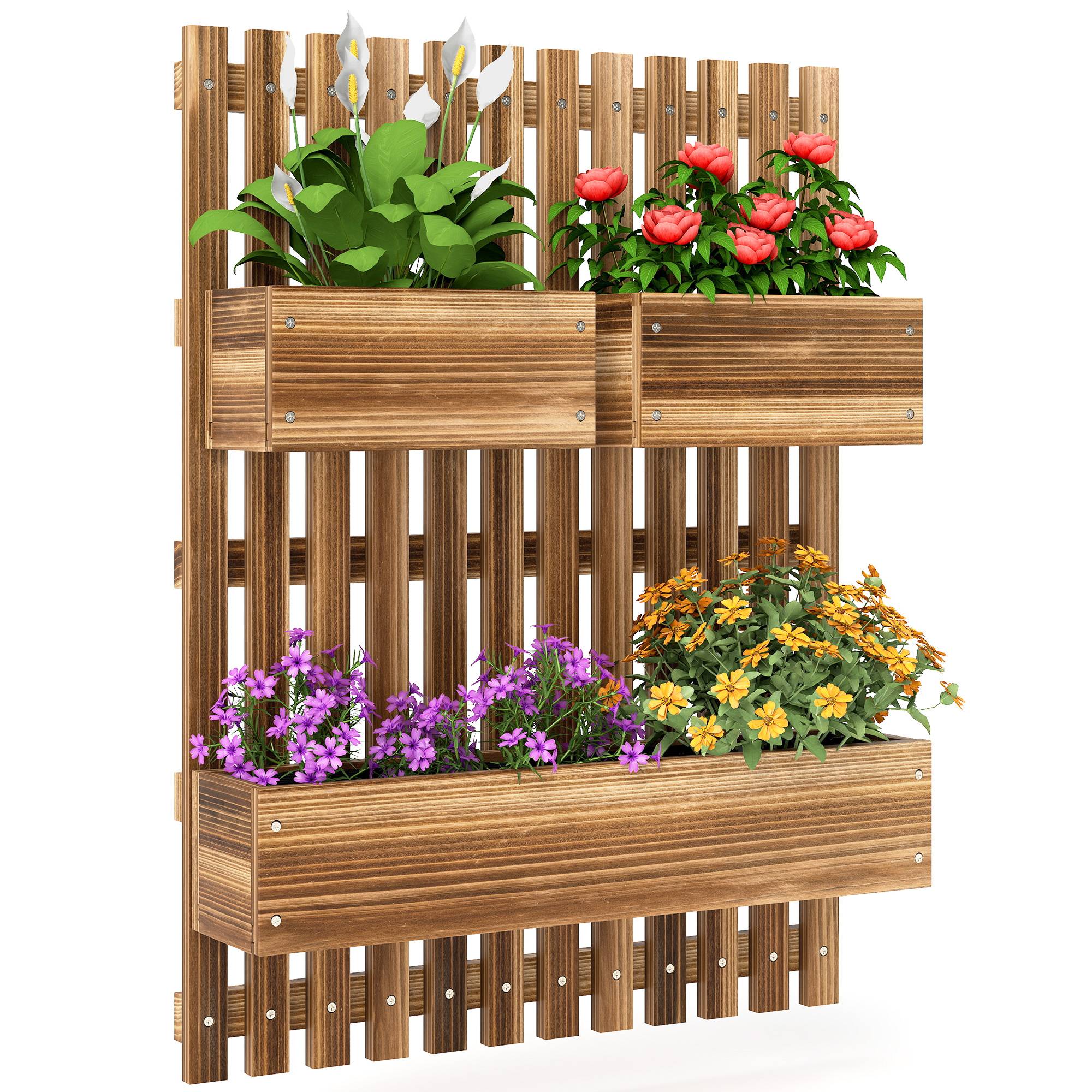 Jardinière murale treillis bois sapin balcon pots amovibles 60x16x80cm carbonisé - ComfortXL Outdoor Living - Image 1