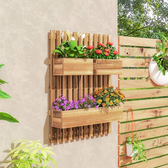 Jardinière murale treillis bois sapin balcon pots amovibles 60x16x80cm carbonisé - ComfortXL Outdoor Living - Image 3