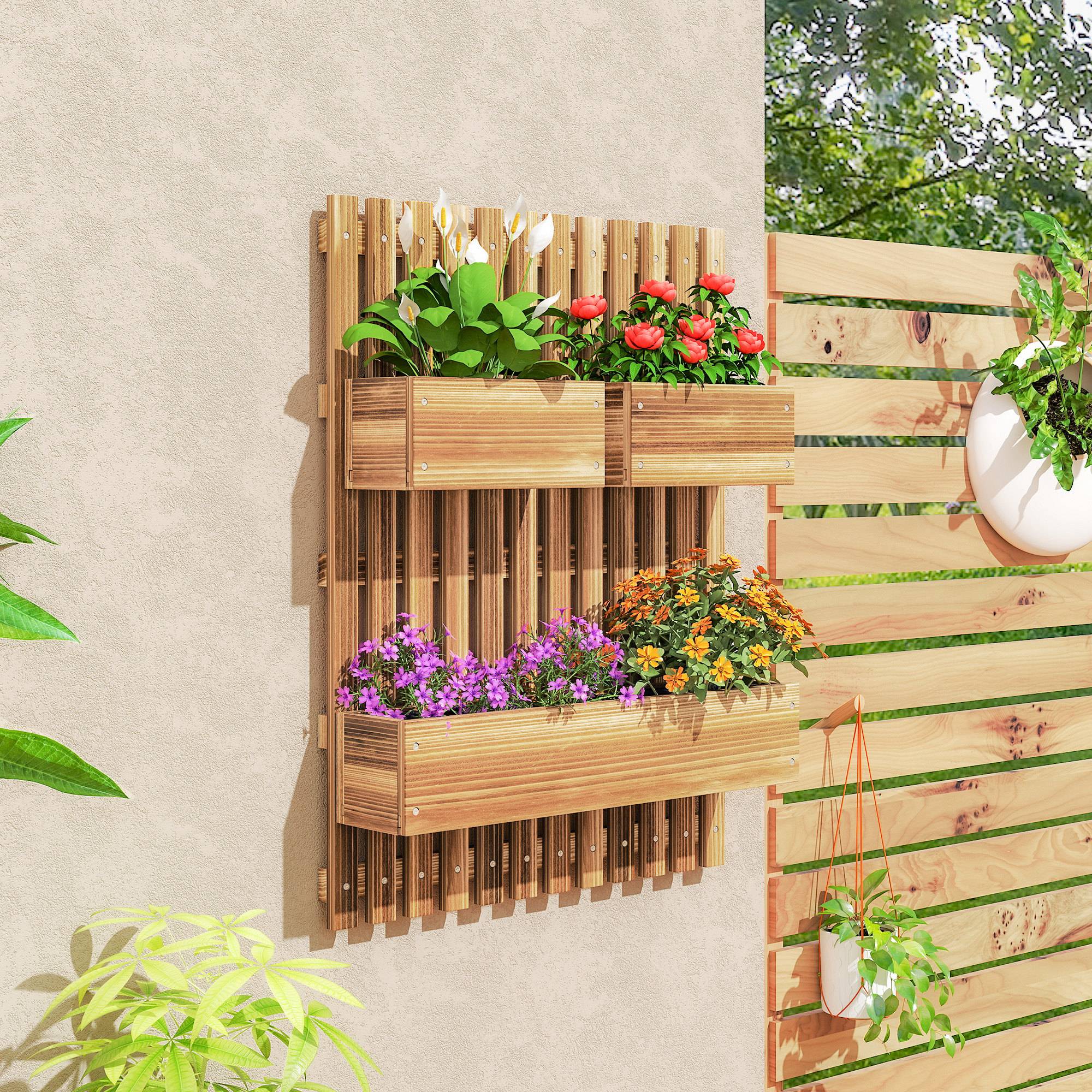 Jardinière murale treillis bois sapin balcon pots amovibles 60x16x80cm carbonisé - ComfortXL Outdoor Living - Image 3