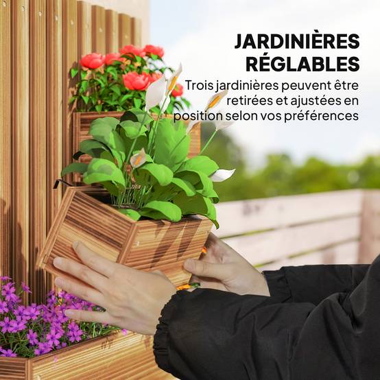 Jardinière murale treillis bois sapin balcon pots amovibles 60x16x80cm carbonisé - ComfortXL Outdoor Living - Image 7