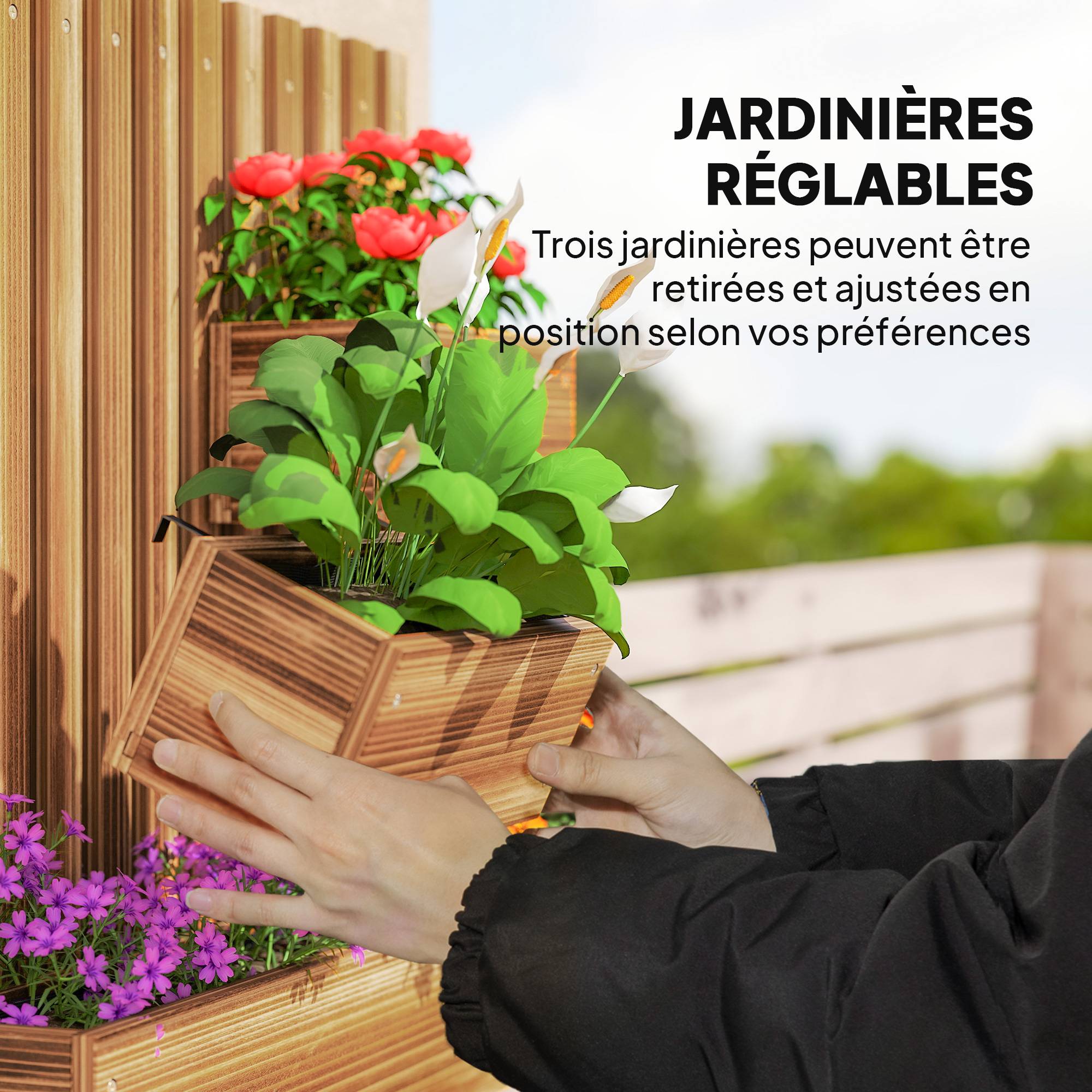 Jardinière murale treillis bois sapin balcon pots amovibles 60x16x80cm carbonisé - ComfortXL Outdoor Living - Image 7