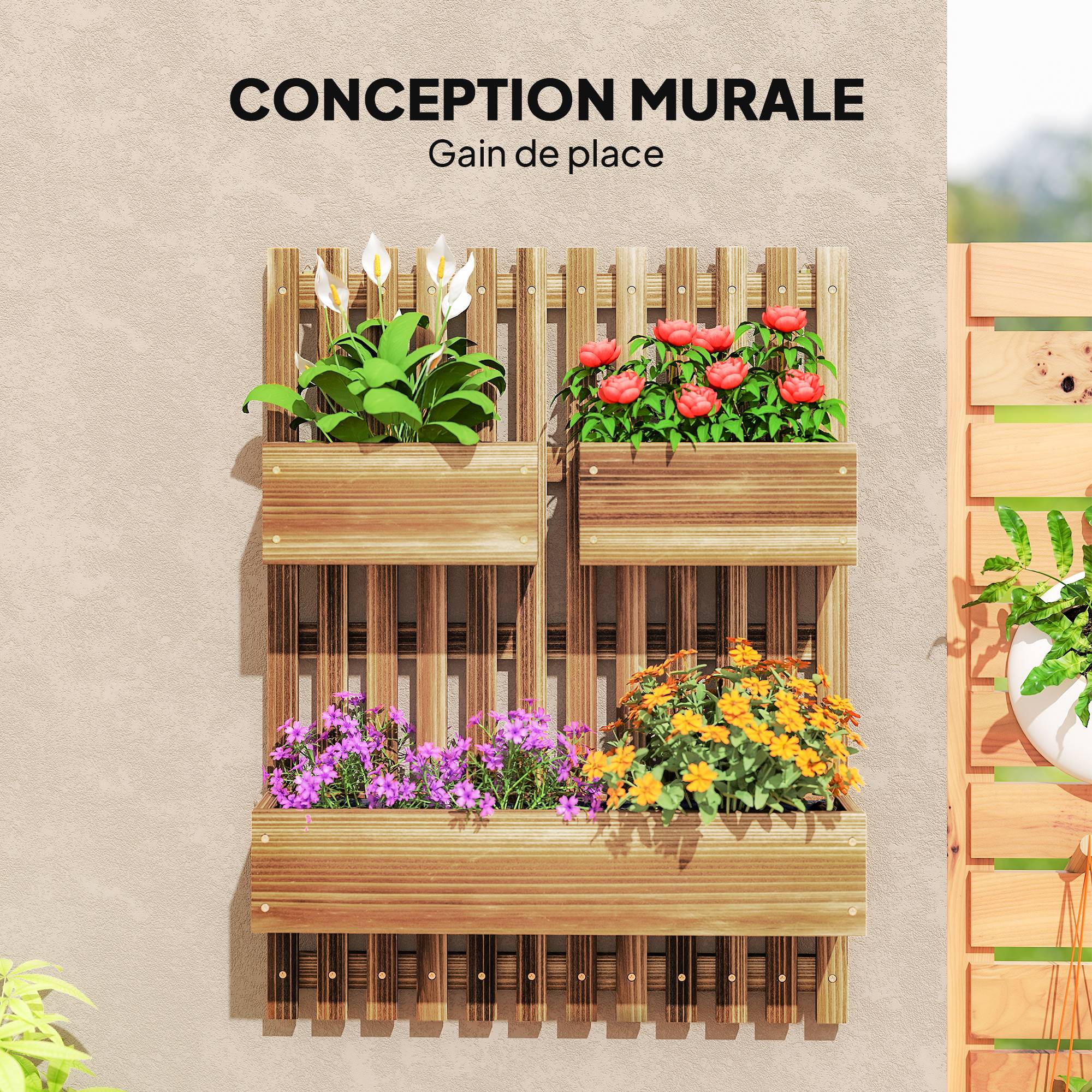 Jardinière murale treillis bois sapin balcon pots amovibles 60x16x80cm carbonisé - ComfortXL Outdoor Living - Image 6