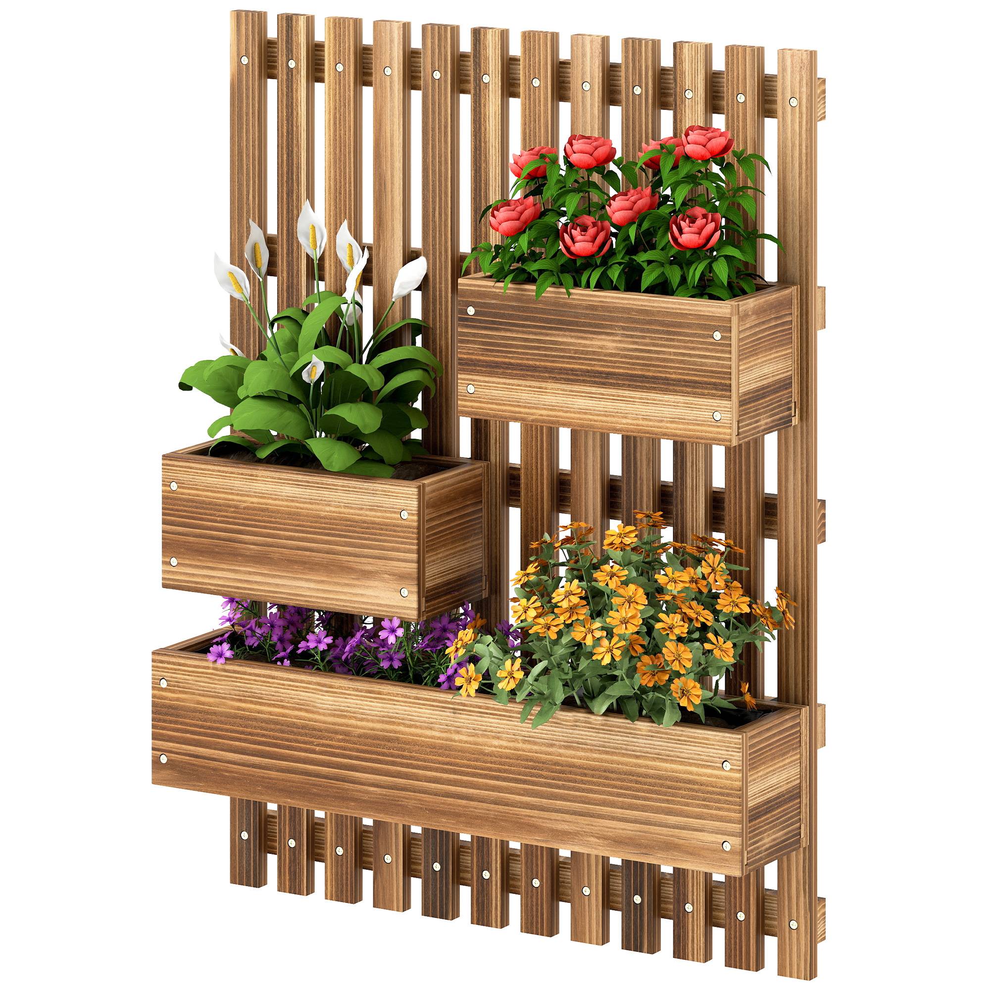 Jardinière murale treillis bois sapin balcon pots amovibles 60x16x80cm carbonisé - ComfortXL Outdoor Living - Image 2