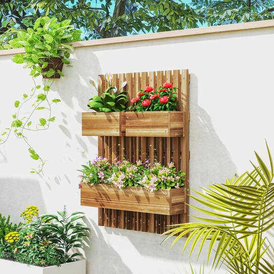 Jardinière murale treillis bois sapin balcon pots amovibles 60x16x80cm carbonisé - ComfortXL Outdoor Living - Image 4