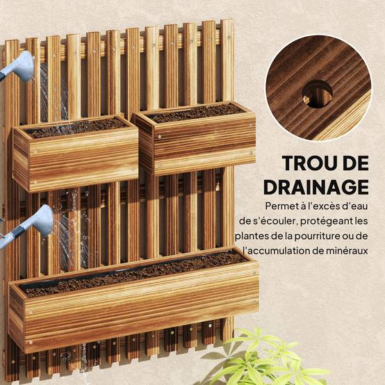 Jardinière murale treillis bois sapin balcon pots amovibles 60x16x80cm carbonisé - ComfortXL Outdoor Living - Image 9