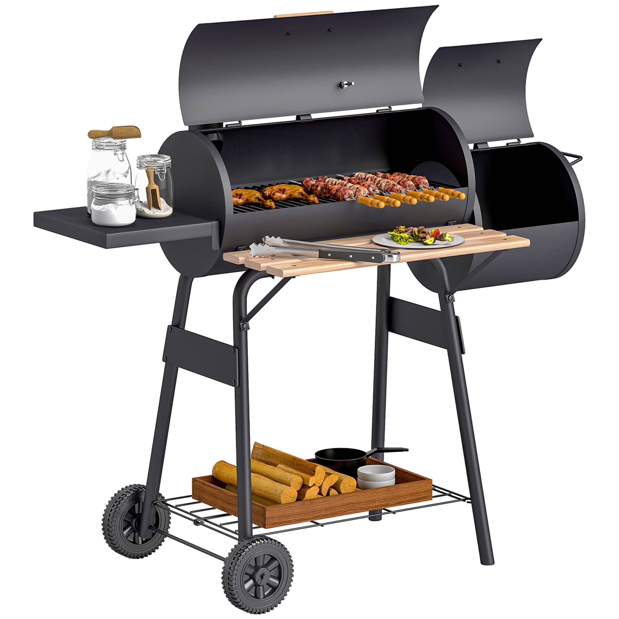 Sans Marque - Barbecue à charbon avec couvercle et fumoir, barbecue de jardin avec étagères et roulettes, 124 x 53 x 104 cm, noir - Image 1