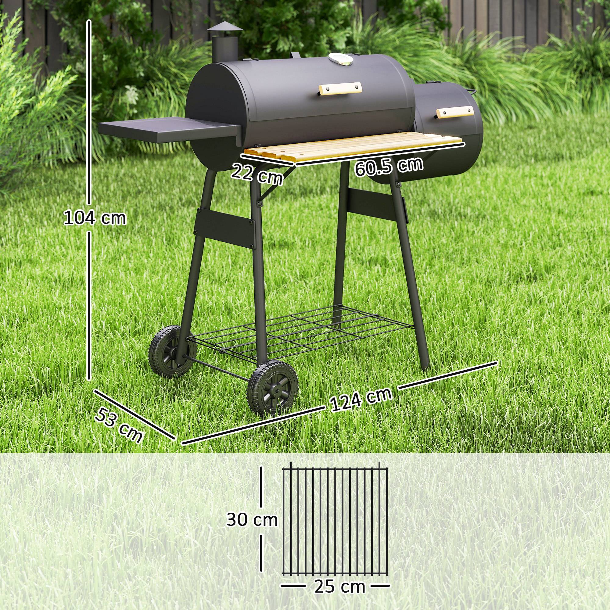 Sans Marque - Barbecue à charbon avec couvercle et fumoir, barbecue de jardin avec étagères et roulettes, 124 x 53 x 104 cm, noir - Image 5